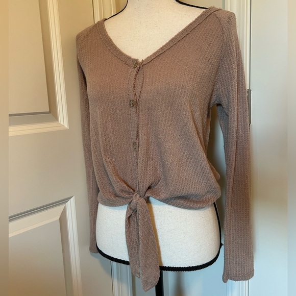 Sienna Sky brown V-neck, long sleeve waffle knit button down front top - Picture 1 of 4